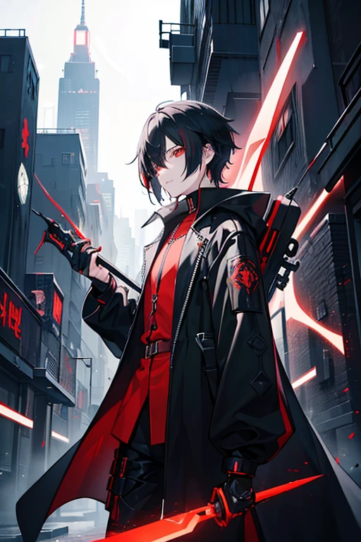 (( top quality )), ((masterpiece)), ( Details),　He wears a red and black metal blade on his back　Male young 　Black hair with one eye hidden 　 futuristic industrial anime clothing 　 slightly larger black long coat 　Black and Red　 red eyes　Deploying a blue magic circle 　　 game　Neon city at night