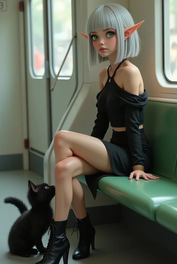 1 lady, solo, A elven lady\(silver bob cut, blunt bangs, green eyes, Pointy Ears, gold bangle, bare shoulder black mini dress, black short boots\) is riding the subway and going shopping. with a fluffy black kitten\(no extra tails\) at her feet