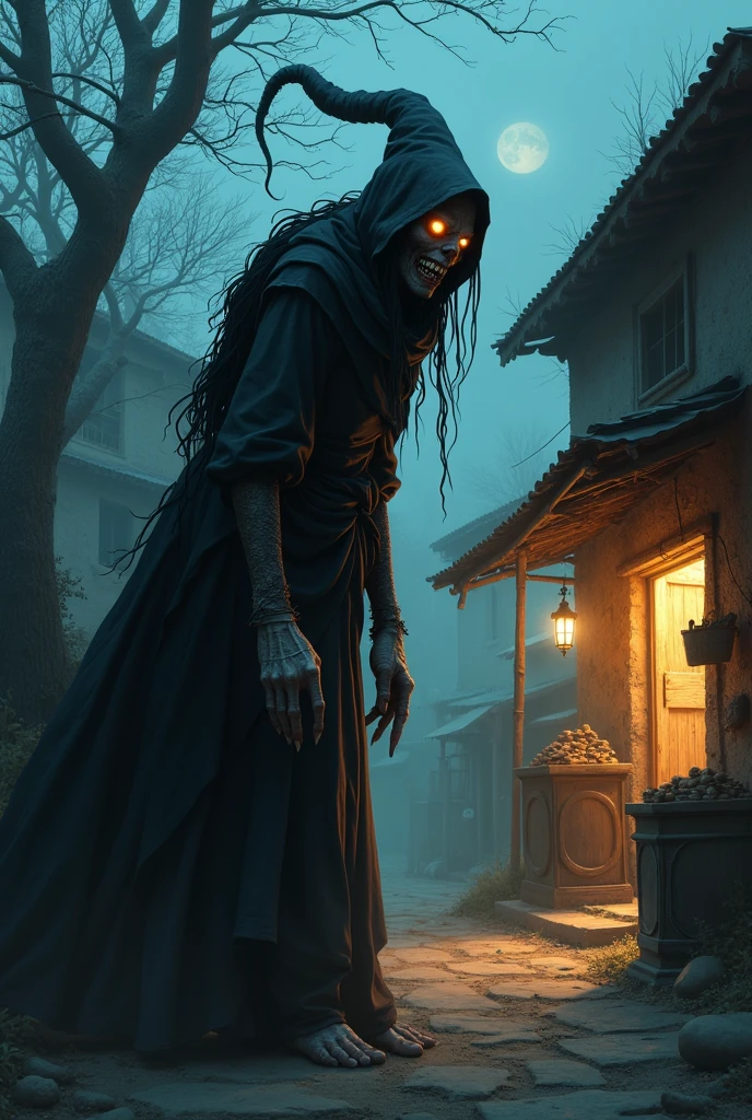 art horror by apterus, a vengeful japanese ghost, haunting a human woman in torn kimono, in the streets of a traditional japanese village, night, moon lighting the scene, detailed background
