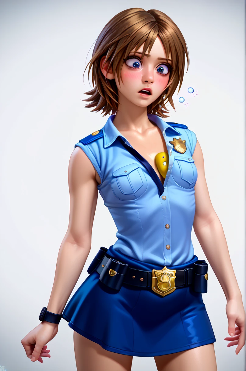  One girl ,  Kairi from Kingdom Hearts,  viewers,( slender body:1.2),(Blushed face:1.0),real skin ,small breasts,  shiny hair ,  Super Detailed Black Eyes,( Equipped Police Belt :1.5),( watch ),( shot from the front:1.2),24K,(Standing in a sexy pose:1.2),(Drunk:1.2),(Surprised:1.0),(mini length police skirt:1.2),(rolled up sleeveless police shirt ),Captivating thighs,( unmanned white background in the center of the screen:1.2),(Naturally :1.0),(( real:1.0)),(( realistic :1.0)),((Piece on chest :1.5)),(( cowboy shot:1.5))