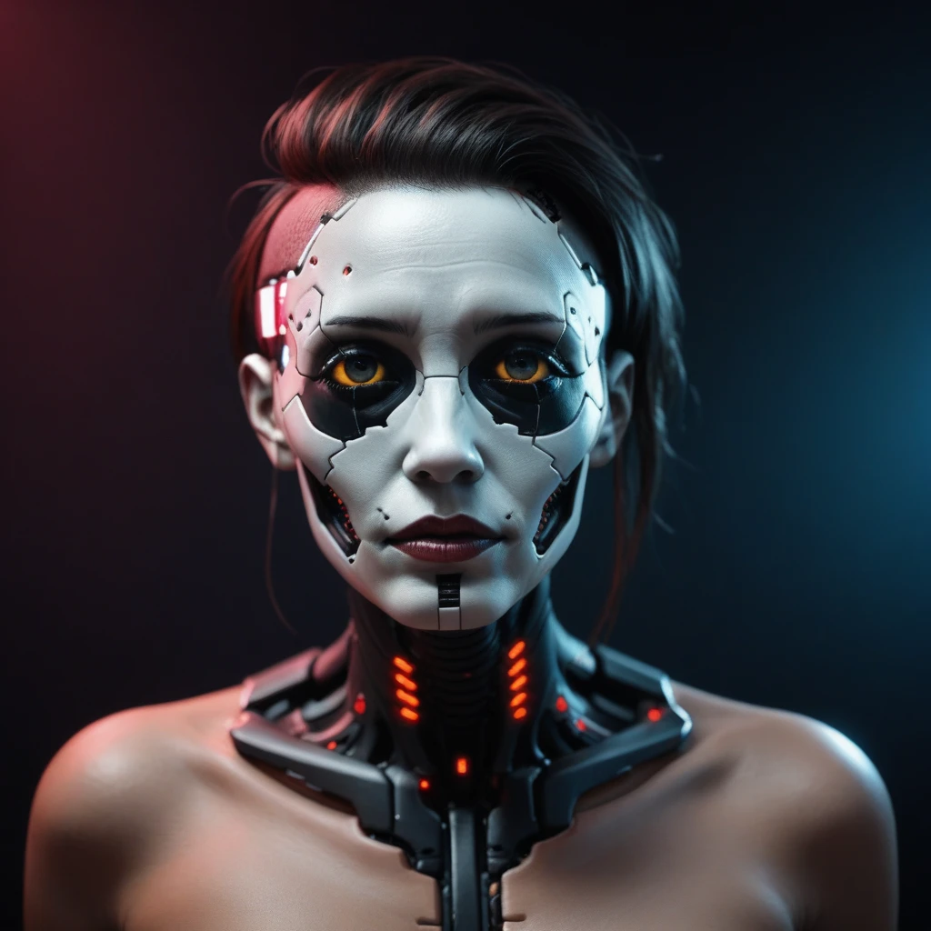 arafed woman with a mask and a metal headpiece, cyberpunk face, beautiful cyberpunk girl face, cybernetic machine female face, hyper-realistic cyberpunk style, wojtek fus, cyberpunk style ， hyperrealistic, cyberpunk horror style, cyborg girl, cyborg - girl, portrait of a cyberpunk cyborg, cyberpunk cyborg, trending on artstation 4k, cyberpunk cyborg waspblond woman with a skeleton mask and a red and white face, cyberpunk horror style, horrific digital art, wojtek fus, detailed portrait of a cyborg, greg beeple, hyper-realistic cyberpunk style, realism | beeple, beeple. hyperrealism, by Russell Dongjun Lu, hyper detailed digital art, wadim kashin. ultra realistic