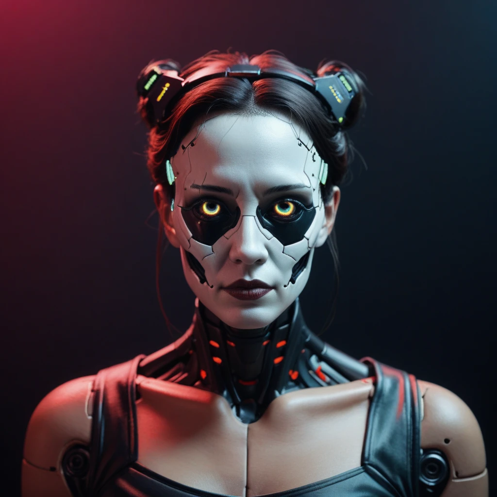 arafed woman with a mask and a metal headpiece, cyberpunk face, beautiful cyberpunk girl face, cybernetic machine female face, hyper-realistic cyberpunk style, wojtek fus, cyberpunk style ， hyperrealistic, cyberpunk horror style, cyborg girl, cyborg - girl, portrait of a cyberpunk cyborg, cyberpunk cyborg, trending on artstation 4k, cyberpunk cyborg waspblond woman with a skeleton mask and a red and white face, cyberpunk horror style, horrific digital art, wojtek fus, detailed portrait of a cyborg, greg beeple, hyper-realistic cyberpunk style, realism | beeple, beeple. hyperrealism, by Russell Dongjun Lu, hyper detailed digital art, wadim kashin. ultra realistic