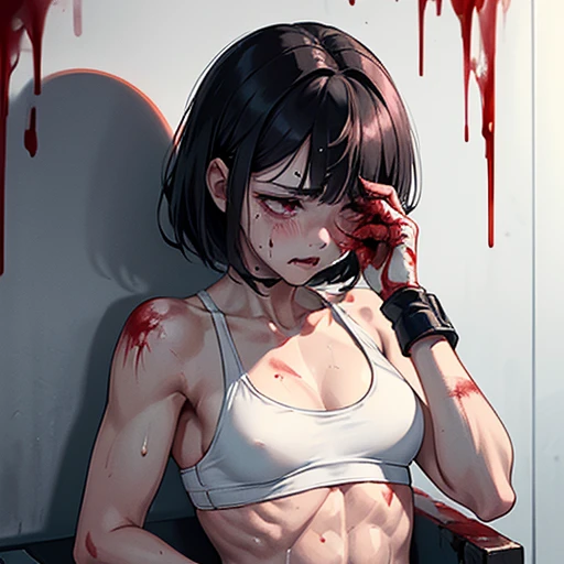 two person. Whole body picture. she is wearing tattered sports bra and denim shorts. a male streetfighter is grabing her head from behind her. a bloody beautiful crying japanese female streetfighter is beated down in the backstreet. Her expression is sad. Blood is dripping from her nose. She is covered in scars and bruises. She's on all fours. she is damaged terribry. she was defeated. she lost the fight. she was knocked out. Short-cut black hair, out of breath, drooling from mouth, crying, exhausted, drenched in sweat. one eye closed, Erect nipples. open finger glove. Tattered sports bra and denim shorts