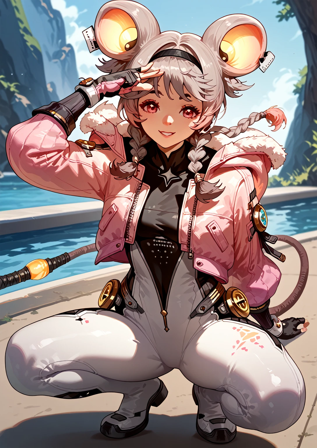 lumiwuwa, 1girl, solo, jacket, braid, gloves, twin braids, animal ears, fingerless gloves, bodysuit, tail, mouse tail, smile, mouse ears, pink jacket, grey hair smile, crouching sideways 