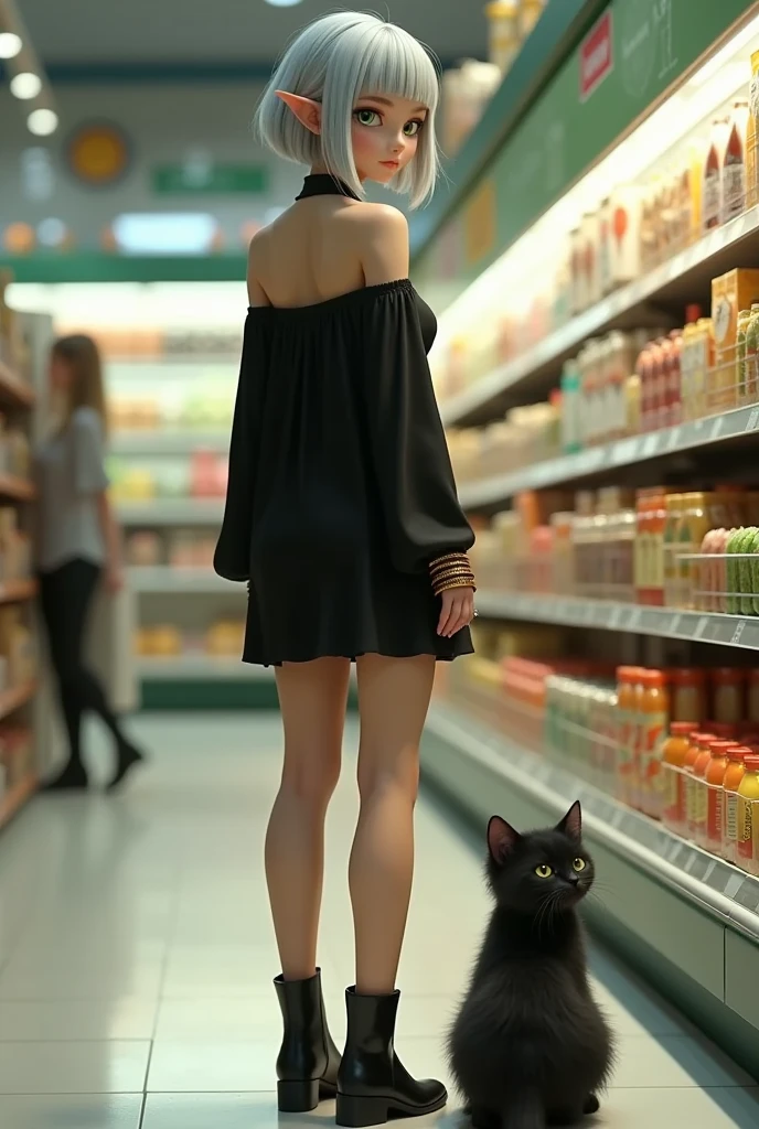 1 lady, solo, A elven lady\(silver bob cut, blunt bangs, green eyes, Pointy Ears, gold bangle, bare shoulder black mini dress, black short boots\) is shopping in the food section of a department store. with a fluffy black kitten\(no extra tails\) at her feet