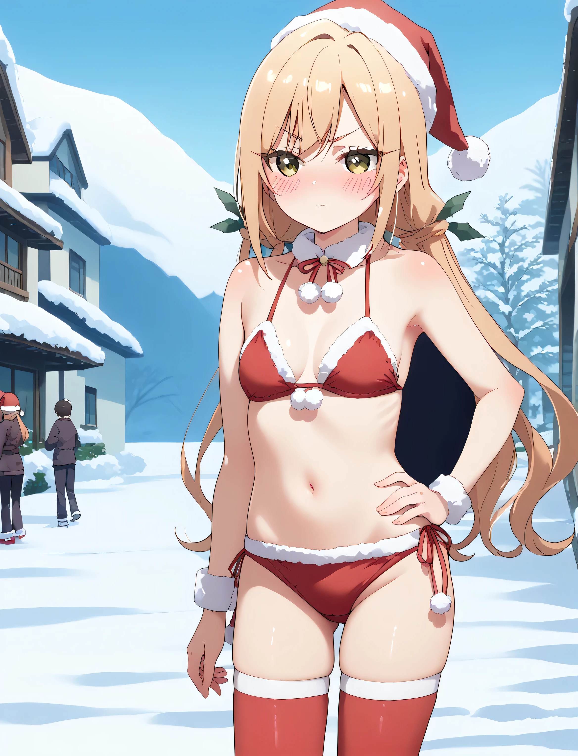 score_9, score_7_up, source_anime,
1girl, Karane Inda, santa bikini, santa hat, standing, hand on hip, blush, black long hair,  red thighhighs , outdoors, snow, pom-pom, 