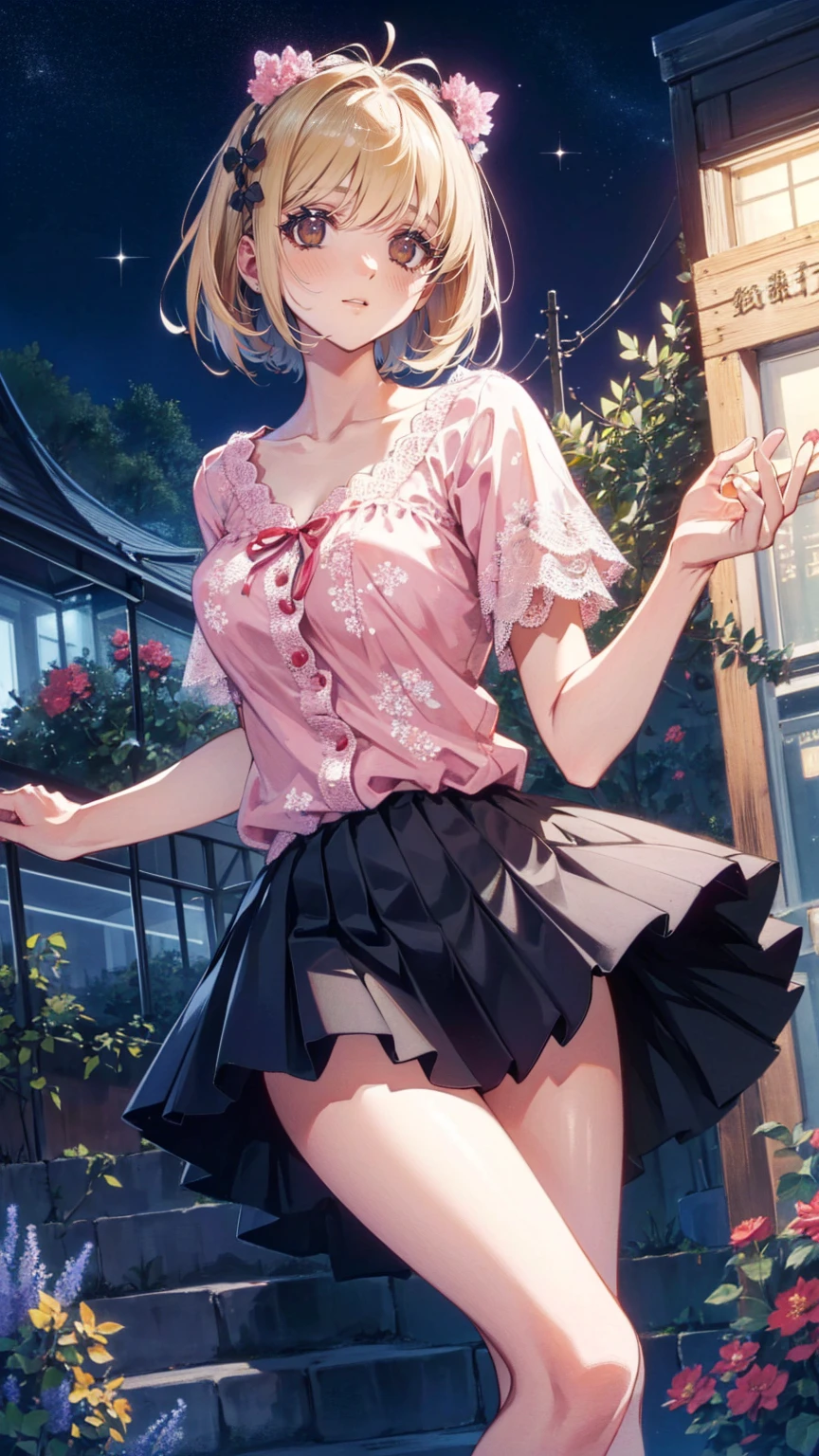 Anime girl in a short skirt and white shirt is posing,(masterpiece), mature , sexy, return, Floral lace underwear, Natural light, Realな写真, Camel Toe, Diffuse Light, Depth of written boundary, White Skirt, Vaporware, (Lift up your skirt), (Pee), Real , Urinate, Upper hand