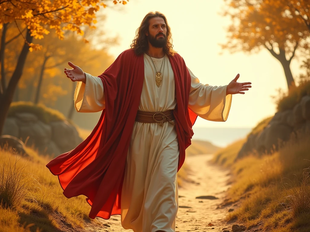 The image depicts Jesus Christ. He is depicted with long hair, a beard, and wearing a white robe with a red cloak draped over one shoulder. Jesus has his arms outstretched in a welcoming and compassionate gesture, as if to convey something, symbolizing an invitation or a call for guidance and support. The background is brightly lit, creating an ethereal and sacred atmosphere. The earthly natural landscape includes beautiful golden leaves, with winding paths and grass scattered along the way. And the seashore. This image conveys the theme of love, hope, and the presence of the divine.