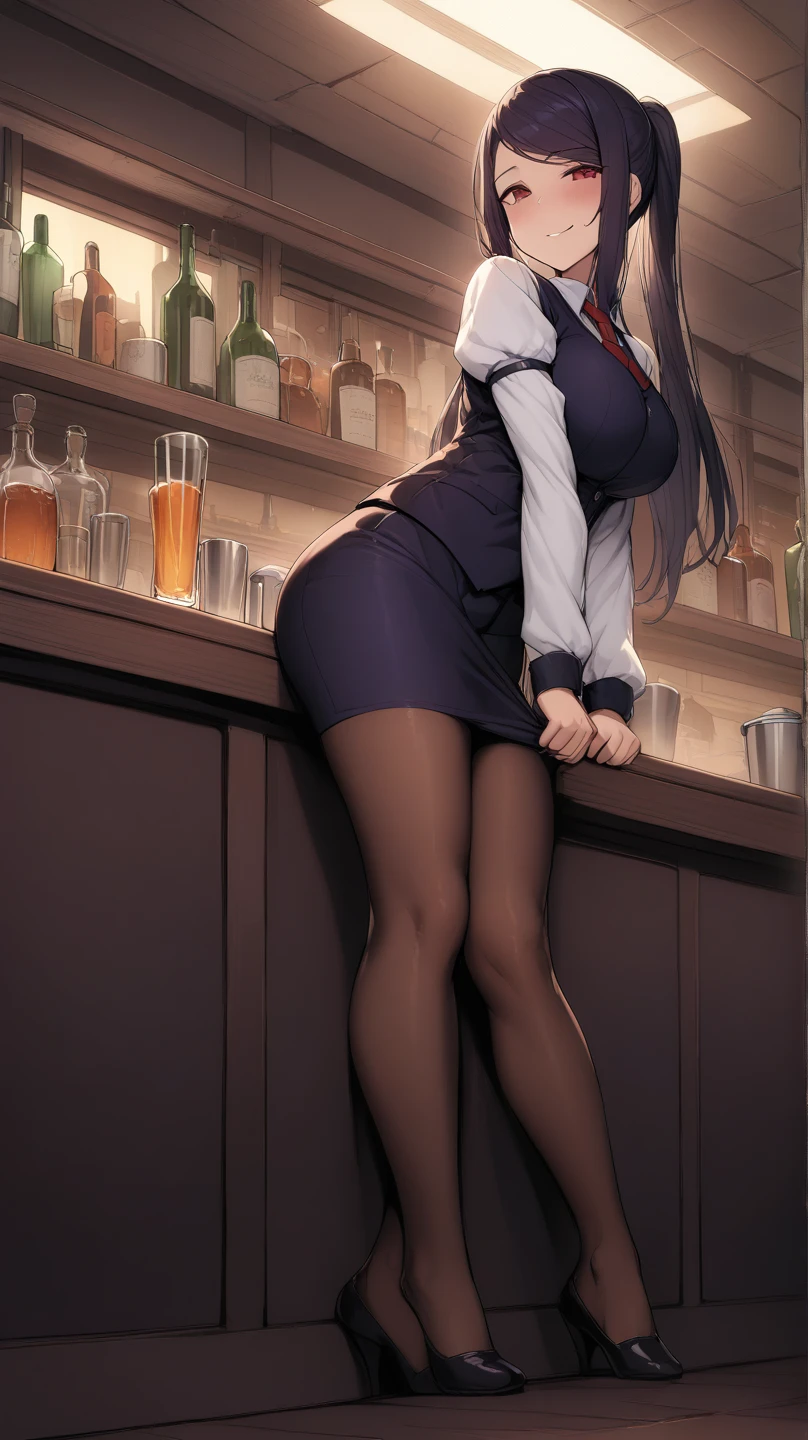 ((alone)), jill stingray, necktie, pantyhose, skirt, vest, white shirt behind the bar, shaker in hands,from front,High quality,Ultra-high resolution,High-definition illustrations,Masterpiece,extremely detailed,highres,detail mouth, big breasts, lewd smile, ((standing behind the bar)), ((bar with drinks covers her legs)) ,(SuperQuality:1.0) ~ (SuperQuality:1.2),