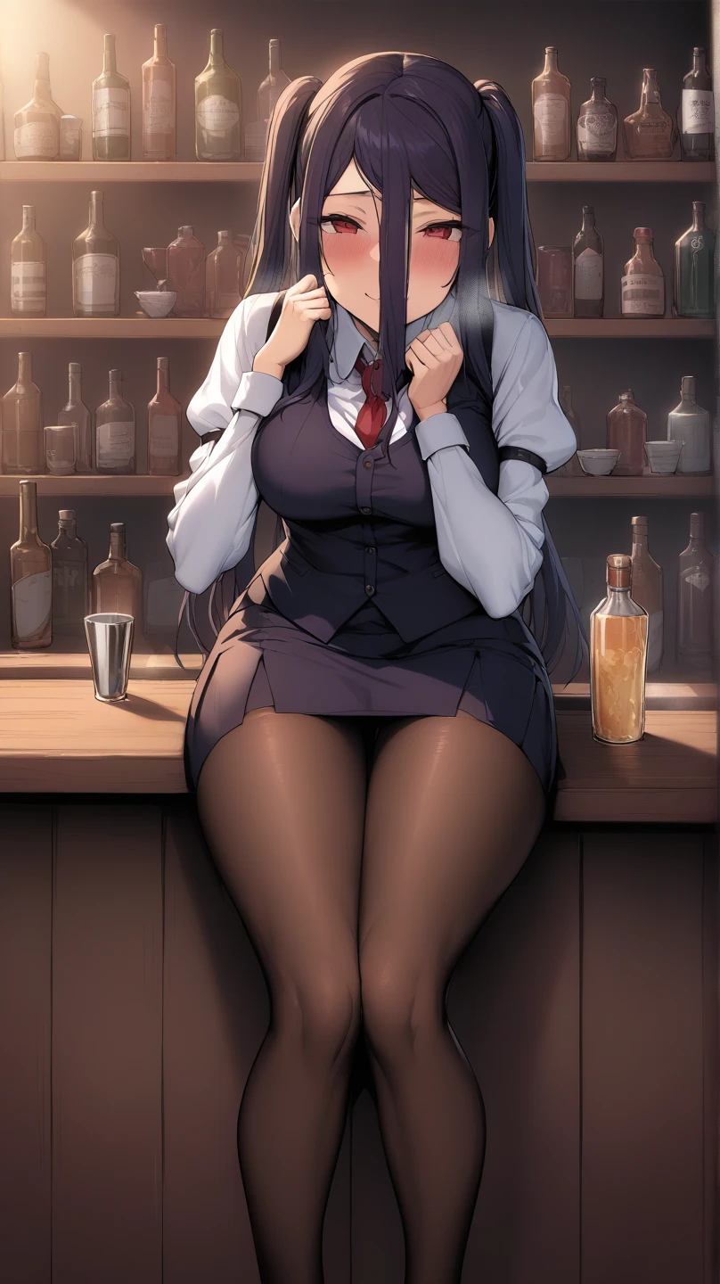 ((alone)), jill stingray, necktie, pantyhose, skirt, vest, white shirt behind the bar, shaker in hands,from front,High quality,Ultra-high resolution,High-definition illustrations,Masterpiece,extremely detailed,highres,detail mouth, big breasts, lewd smile, ((standing behind the bar)), ((bar with drinks covers her legs)) ,(SuperQuality:1.0) ~ (SuperQuality:1.2),