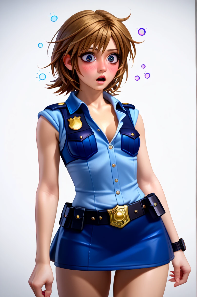  One girl ,  Kairi from Kingdom Hearts,( viewers:1.0),( slender body:1.2),(Blushed face:1.0),real skin ,small breasts,  shiny hair ,  Super Detailed Black Eyes,( Equipped Police Belt :1.5),( watch ),( shot from the front:1.2),24K,(Standing in a sexy pose:1.2),(Drunk:1.2),(Surprised:1.0),(mini length police skirt:1.2),(rolled up sleeveless police shirt ),Captivating thighs,( unmanned white background in the center of the screen:1.2),(Naturally :1.0),(( real:1.0)),(( realistic :1.0)),((Piece on chest :1.5)),(( cowboy shot:1.5))