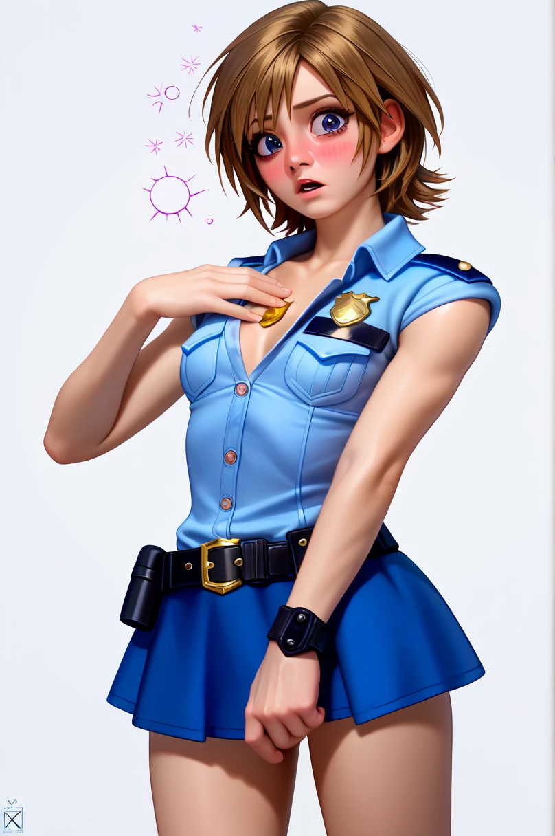  One girl ,  Kairi from Kingdom Hearts,( viewers:1.0),( slender body:1.2),(Blushed face:1.0),real skin ,small breasts,  shiny hair ,  Super Detailed Black Eyes,( Equipped Police Belt :1.5),( watch ),( shot from the front:1.2),24K,(Standing in a sexy pose:1.2),(Drunk:1.2),(Surprised:1.0),(mini length police skirt:1.2),(rolled up sleeveless police shirt ),Captivating thighs,( unmanned white background in the center of the screen:1.2),(Naturally :1.0),(( real:1.0)),(( realistic :1.0)),((Piece on chest :1.5)),(( cowboy shot:1.5))