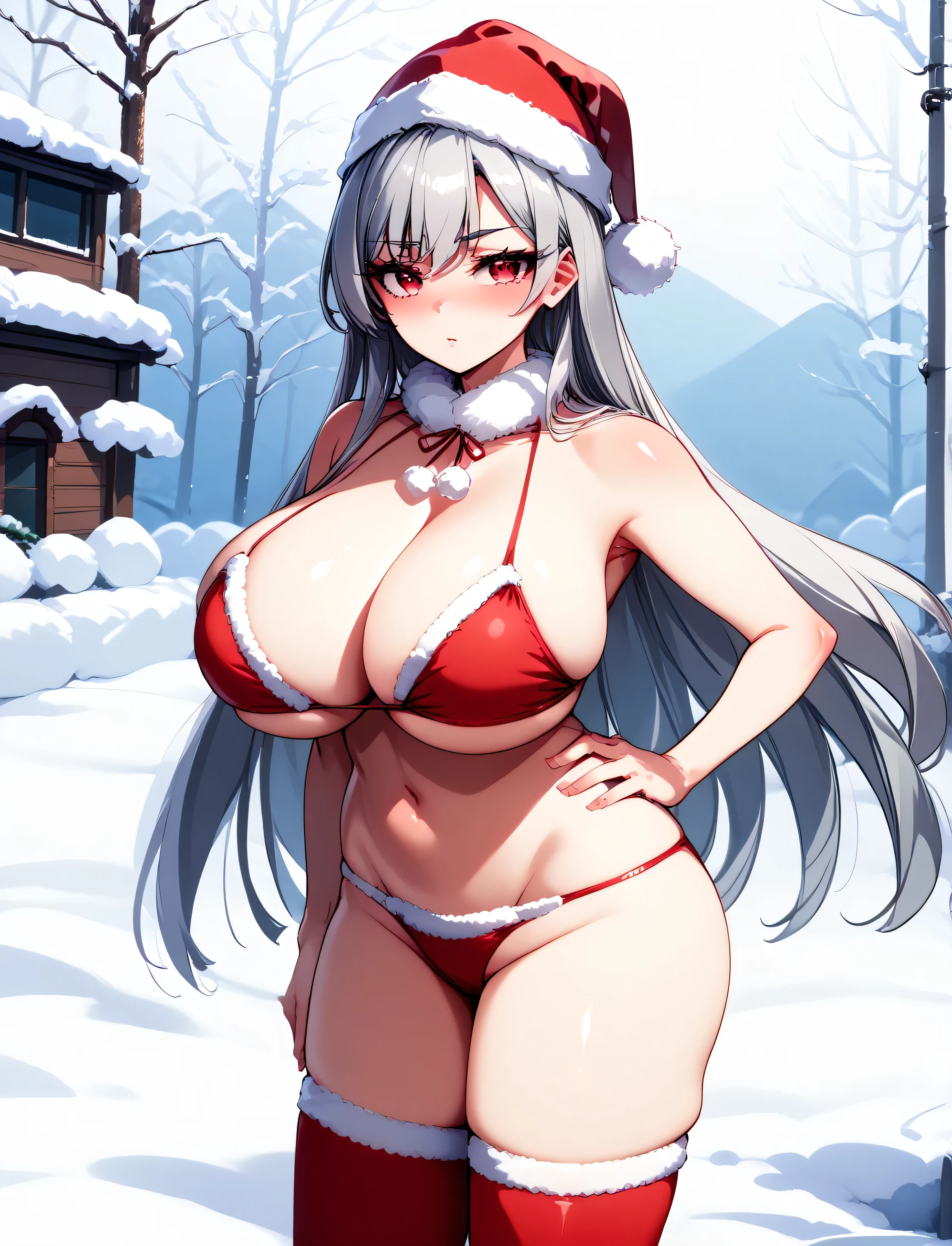 score_9, score_7_up, source_anime, 1girl, nano_eiai, santa bikini, santa hat, standing, hand on hip, blush, red eyes, grey hair, long hair, (huge breasts), red thighhighs , outdoors, snow, pom-pom,