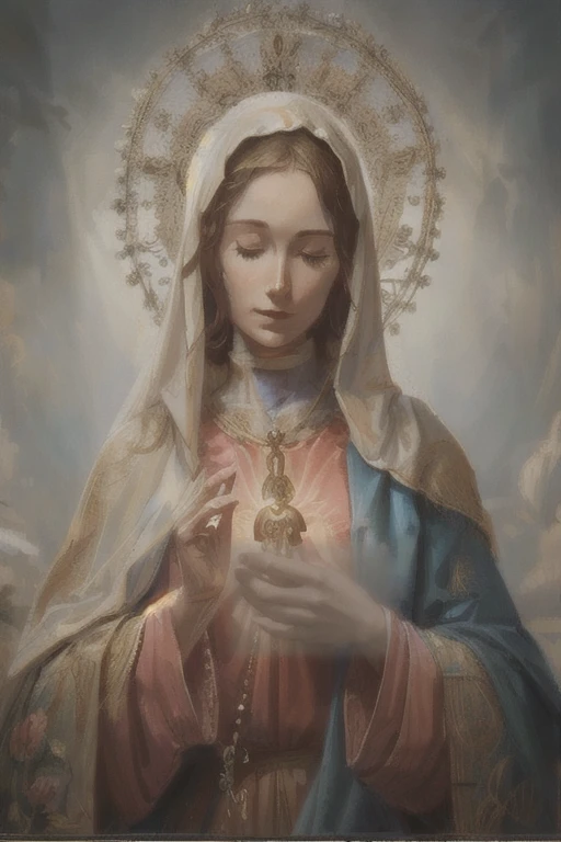 Mary with her eyes closed holding the rosary 