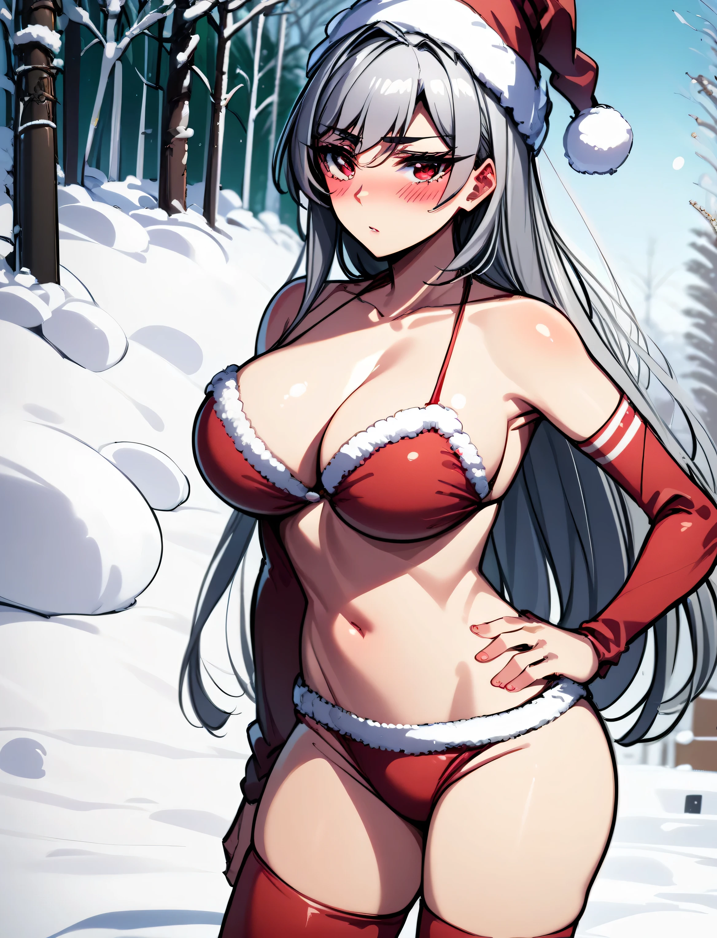 score_9, score_7_up, source_anime, 1girl, nano_eiai, santa bikini, santa hat, standing, hand on hip, blush, red eyes, grey hair, long hair, (large breasts), red thighhighs , outdoors, snow, pom-pom,