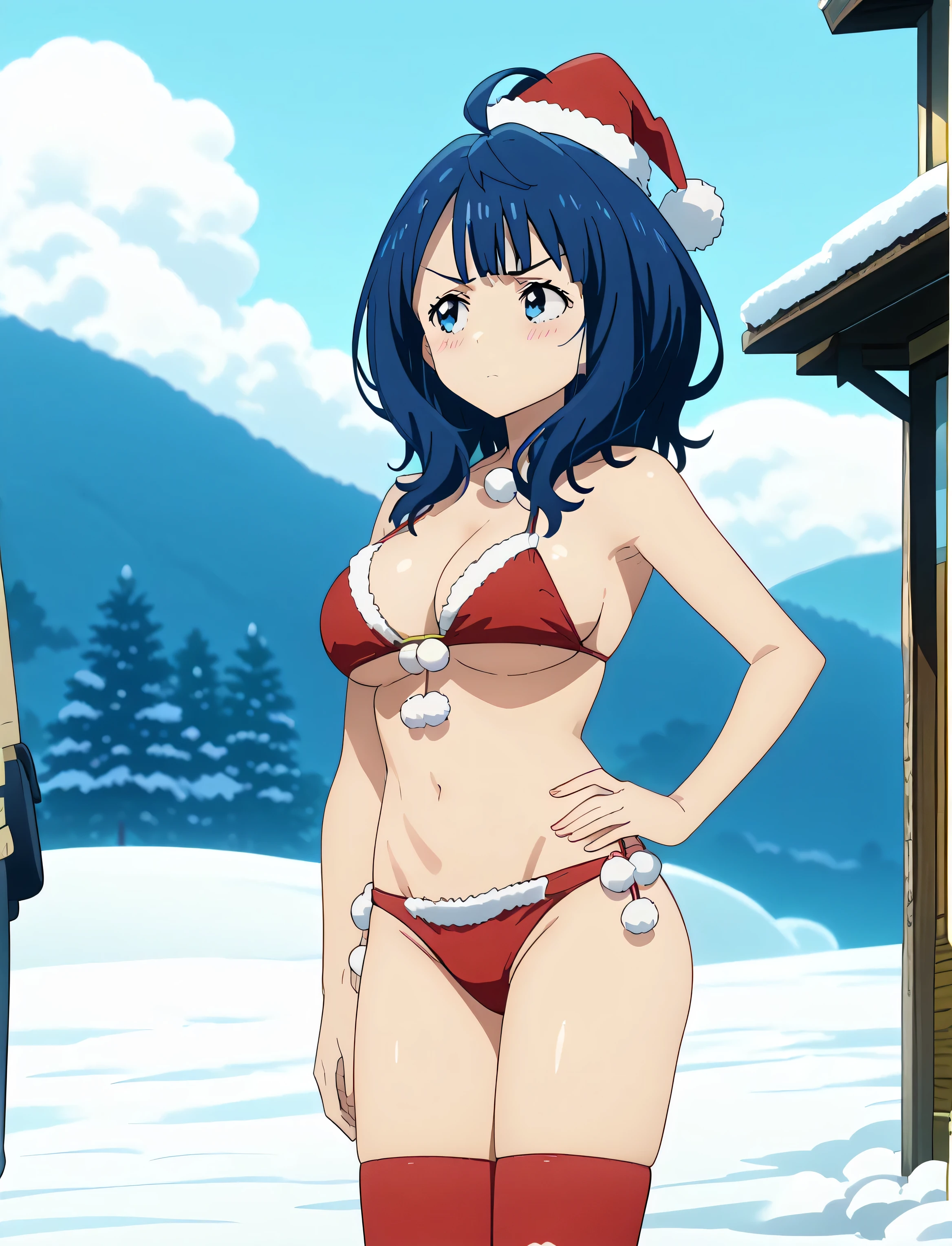 score_9, score_7_up, source_anime, 1girl, yanamianna, santa bikini, santa hat, standing, hand on hip, blush,  medium hair, ahoge, anime screencap, anime coloring, (large breasts), red thighhighs , outdoors, snow, pom-pom,