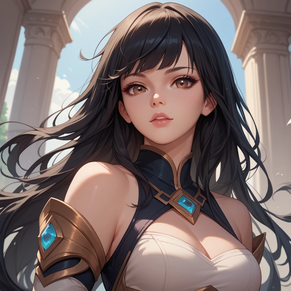 score_9: This breathtaking image, a masterpiece of art, boasts a top-quality score with its ultrarealistic 8K CG depiction. The Extremely Detailed CG Unity 8K Wallpapers showcase an exquisite female figure with a perfect face, featuring beautiful eyes that gleam with a micaelamrp hue. Her brown hair cascades in soft waves, framing her beautiful chest line and adorable smile. The background is a pristine white canvas, adding to the perfection of the scene.

score_8_up: Elevate your visual experience by one level as this image displays an extremely detailed and dramatic scene.