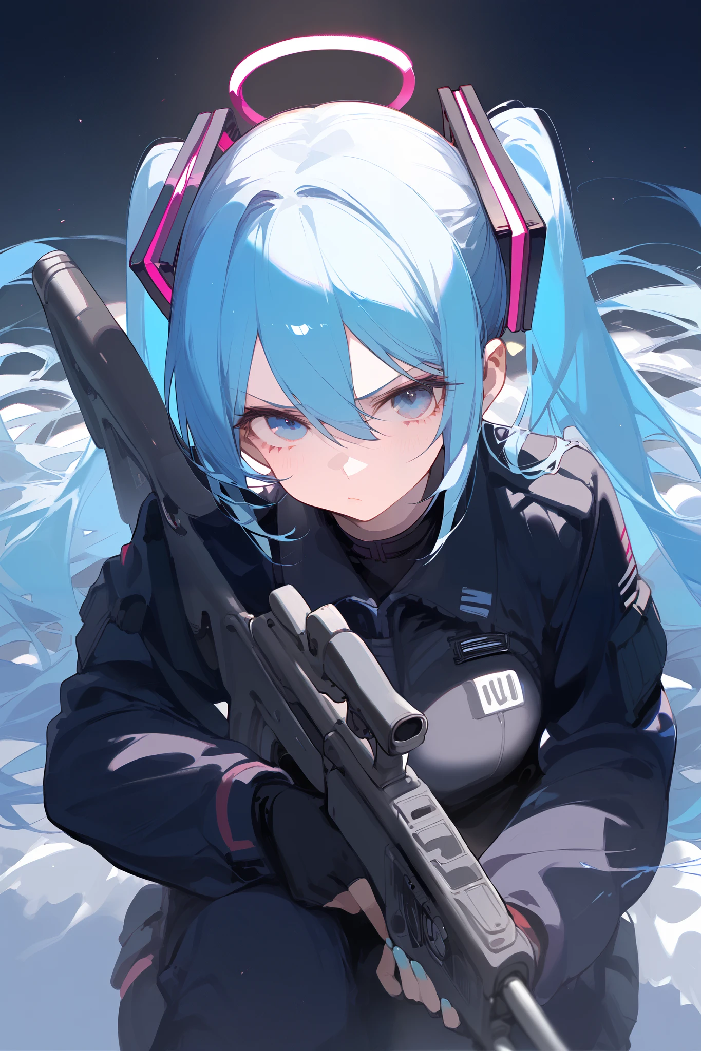 score_9, nai3 style, [Angel soldier :Miku Hatsune]  in an epic pose in the ruined city holding a rifle with a serious face