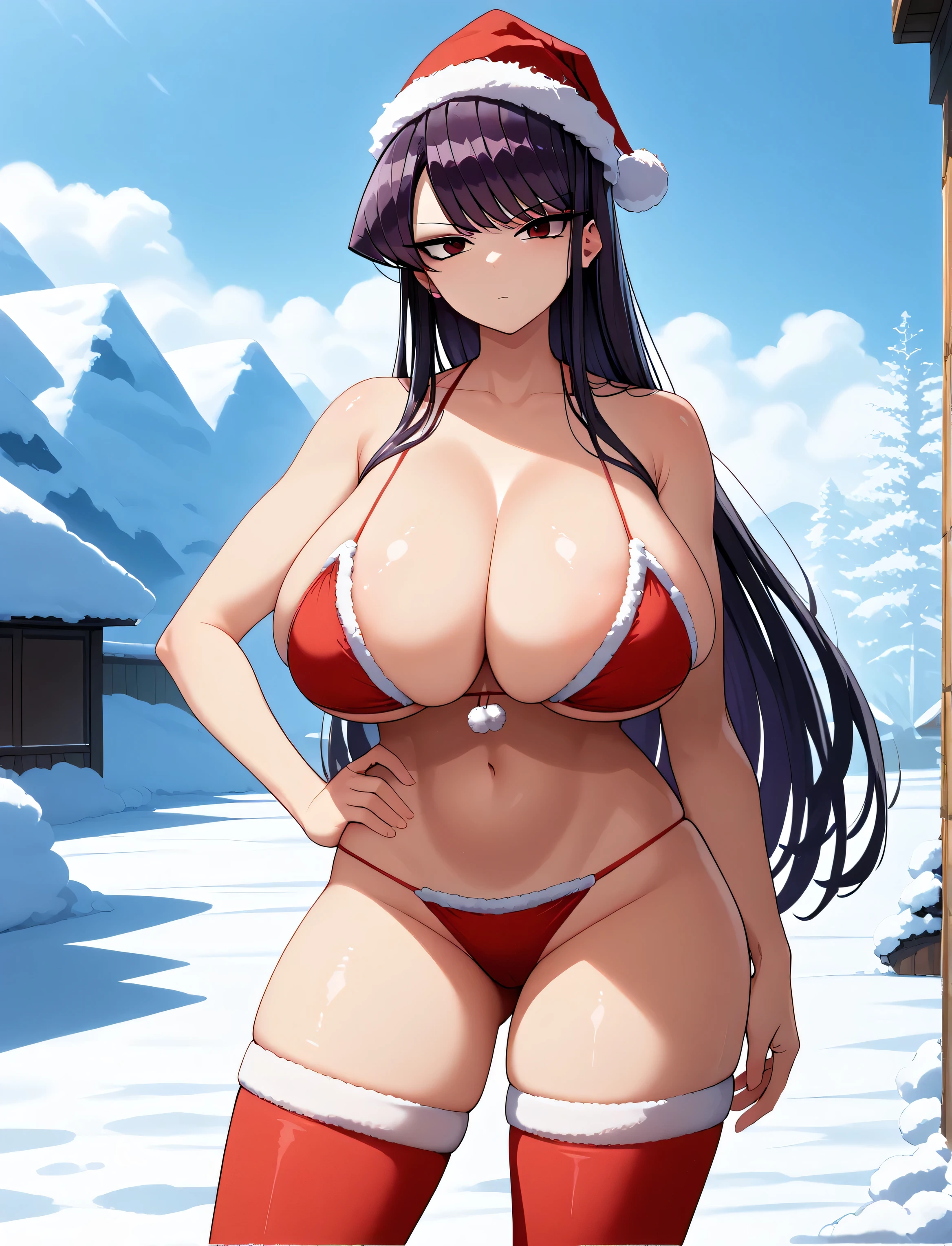 1girl, nsfw, furuderika, long hair, purple eyes, blue hair, blunt bangs,,　Expressionless　,  , large breasts, nipple, Running, ,, Heavy snowfall area　frozen wet , mountain Alone, , Naked, solo, 1girl,　amusement park ,