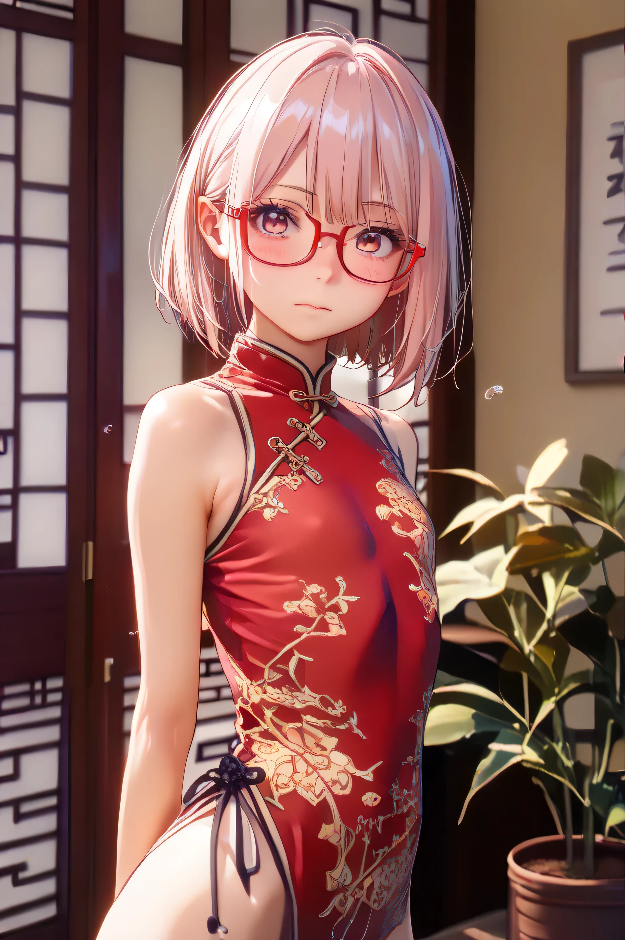 masterpiece、 top quality 、 super detailed 、, 1 , beautiful lighting arranged in an orderly manner、1 girl、 ((((、小さい girl、:2、4th degree:2 、Small 、Lori:1.5))))、 red glasses((( red glasses)))、A little blush、Round face、 girlと、Cute、(((china cheongsam)))(((garden)))、((sunny))、((( red glasses)))、A little blush、Young Face、Cute、( shiny lips:1.1)、( beautiful eyes:1.1)、 nice hair with a closed mouth 、((( Shorthair)))、((( bob cut)))、 platinum pink hair、 red glasses、magenta eyes 、Elf Ears:1.5、 well-prepared face、 flat chest、masterpiece、 top quality 、 high res、 cowboy shot、from side、Staring at white-skinned viewers、curve、(cowboy shot:2)
