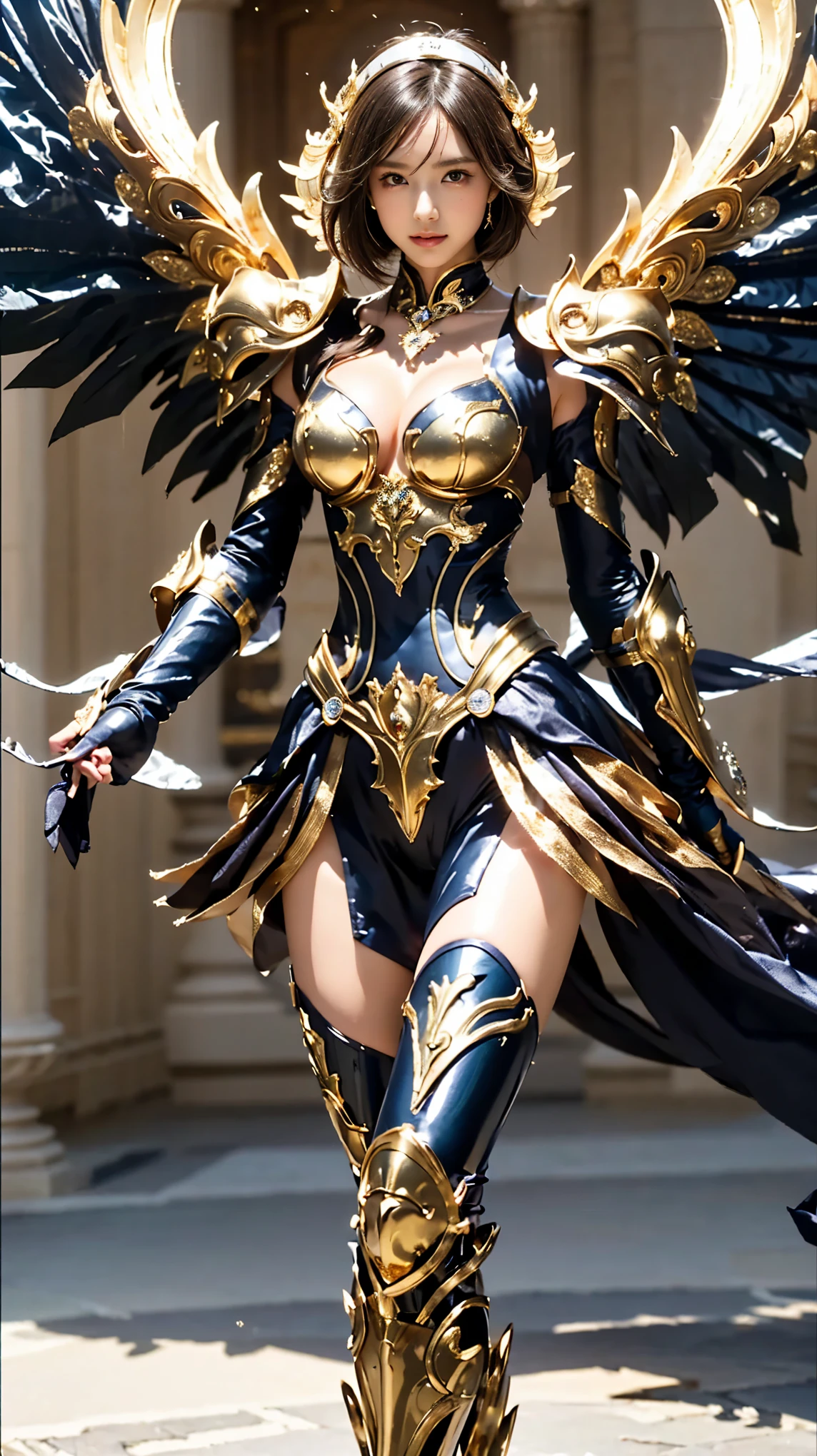 A girl in a full-body fighting pose, feminine details, Aphrodite's wig from Saint Seiya, top quality, very detailed RAW color photo, sharp focus, 8k high definition, long shiny dark blue hair, (((large breasts, large cleavage))), curvy body, Slim waist, (exposed abdomen, bare abdomen), Ultra-detailed.Zhenyi High-Class Station, Stormy Rain Site, detailed fantasy art, Stunning character art, Beautiful and enchanting character art, wearing Saint Seiya armor, transparent gold armor, beautiful gold and silver armor, shiny armor, zodiac girl knight with intricate details, transparent gold and silver armor with intricate details, wearing transparent gold armor with intricate details. dramatic, tight bikini, tight white underwear transparent gold under the armor, blue eyes, intricate gold and silver leg armor, transparent gold shoulder armor, reflection on the armor, gold headset, metal ribbon, shiny dark armor, tight white transparent vinyl, gentle smile, Very detailed, Girl in shiny armor, cool pose, gallant pose, standing tall, smug smile, gentle smile, Tiara and very beautiful jewelry,Crystal filigree jewelry, milky galaxy, Stunning visuals, (dynamic lines, light trails:1.2), Bright colors, the background of ancient Greek buildings that are damaged and ruined.