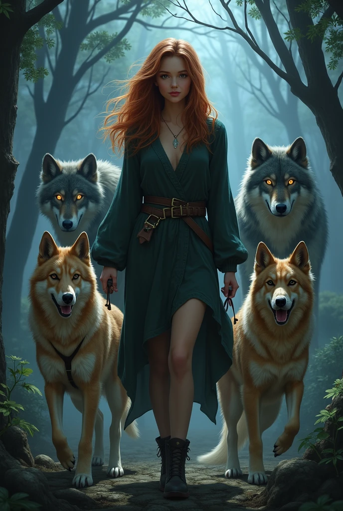 , hair,red, eyes,blue, surrounded by wolves