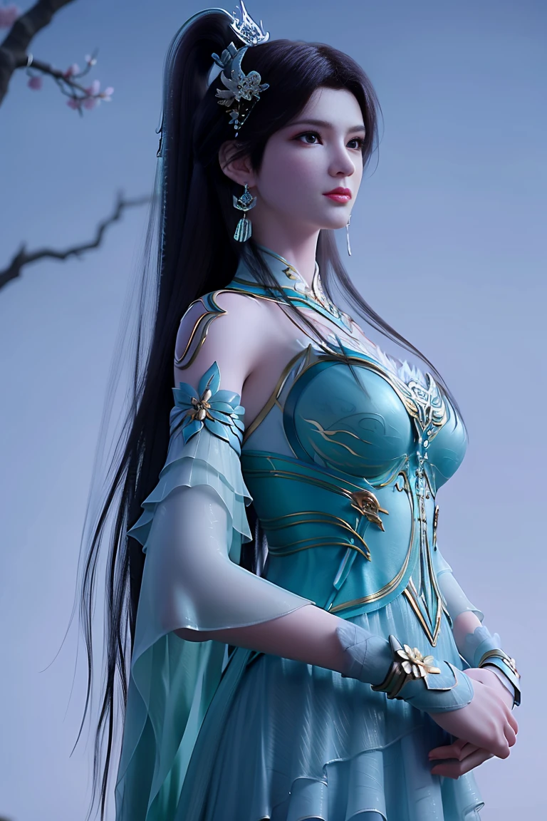 (masterpiece),(best quality:1.3),8k,absurdres,highres,
xuner,1 girl, solo, black hair, long hair, ponytail, hair decoration, green dress, gold decoration, (sleeve length: 1.1), see-through sleeves, detached collar, shiny clothes, shiny skin, earrings, jewelry , closed mouth ,(looking at the audience:1.1),slight smile,breasts,(pale skin:1.2),thin,narrow waist,arms up,hands on own hips,
(gloss:1.3),slender legs, high heels,wind lifter,dynamic pose,branches,(plum blossom:1.2),blue sky , (upper body:1.3), ferpect lighting, 