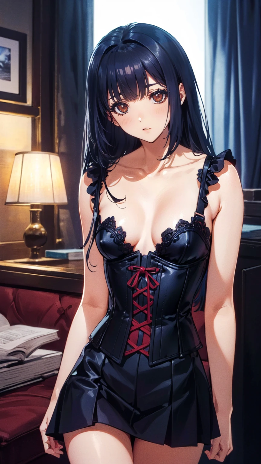 Masterpiece, (Best Quality: 1.2), (Super Fine: 1.2), (Extremely Delicate and Beautiful: 1.2), Film Angle, milf, goth girl, thighhighs, choker, miniskirt, lingerie