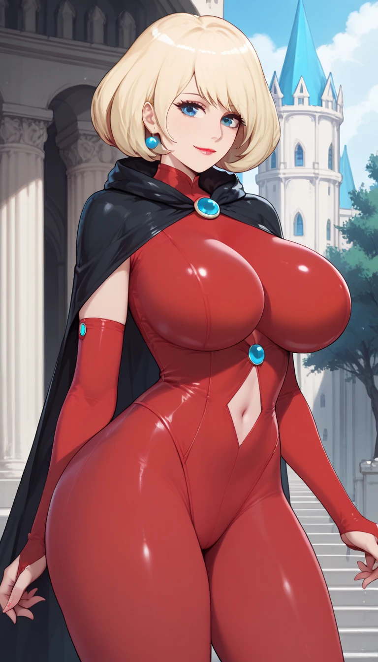 score_9,score_8_up,score_7_up,score_6_up,score_5_up,alienquestellen,short hair,blonde hair,curvy,huge breasts,bubble butt,ass visible through thighs,outdoors, castle Camelot, smile closed mouth ring earring locking at viewer large breasts huge breasts , blue eyes ,,,,, red bodysuit, elbow gloves, navel cutout, usarapa, navel, bridal gauntlets, lipstick, cape