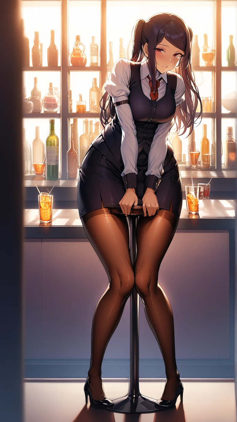 ((alone)), jill stingray, necktie, pantyhose, skirt, vest, white shirt behind the bar, shaker in hands,from front,High quality,Ultra-high resolution,High-definition illustrations,Masterpiece,extremely detailed,highres,detail mouth, big breasts, lewd smile, ((standing behind the bar)), ((bar with drinks covers her legs)) ,(SuperQuality:1.0) ~ (SuperQuality:1.2), realistic surroundings, shiny reflections from glass.  light and shadow by reij-snrs 