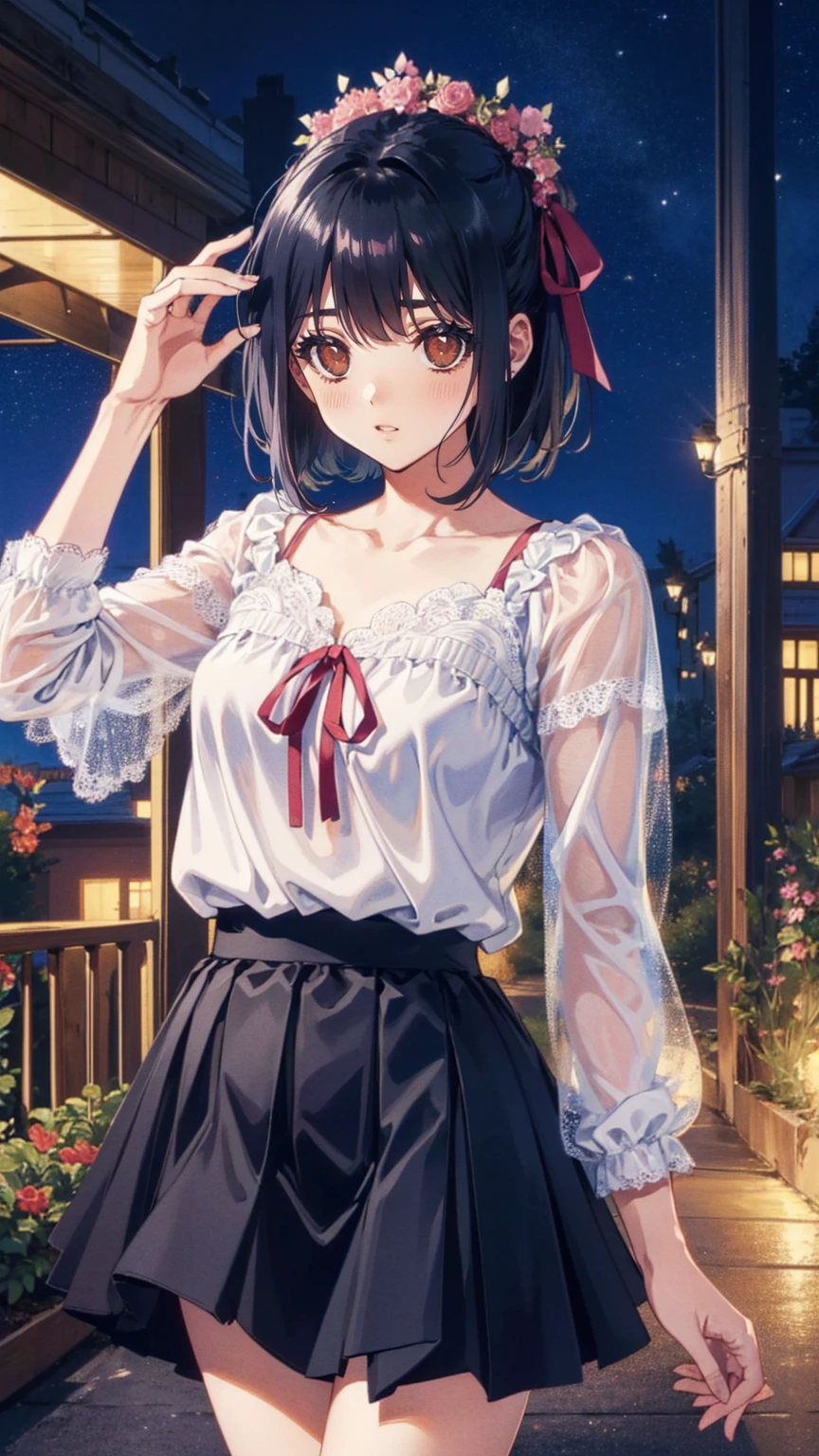  (  girl),(  very detailed目,  very detailed顔), ( realistic にสุดๆ,  high res ), ( 最 High Quality :1.4), ( 最 High Quality ), 5, Midea, 1人の girl,score_9, score_8_ up, score_7_ up, score_6_ up, score_5_ up, score_4_ up,  real skin texture deep into the night,  RAW photos , ( realistic に,  realistic :1.37),  very detailed,  professional photos  , (masterpiece:1.3, 最 High Quality ,  ultra high resolution ,  ultra More), ( realistic , photo realistic :1.4),  beautiful illustration,  perfect lighting,  natural light,  depth of field , beautiful detailed hair,  beautiful detailed face , beautiful detailed eyes,  beautiful collarbone,  beautiful body ,  beautiful breasts ,  beautiful thighs,  beautiful legs,  Look Under a Book of Beautiful Fingers ,  viewers,One beautiful girl 、 One beautiful girl 、 white skin、Round face、 big eyes、Droopy eyes、 cute beautiful girl 、若い美しい girl、 chest 、Her legs are also slim and long.。Amazing seaside park、Galaxy space sparkling background、Dream World。Dancing dynamic dance、Light steps。Lace top、Loose-fitting wine red short-sleeved shirt.。Dark grey skirt、  Super Miniskirt  、 pleated skirt、Floral lace fabric。 The lace fabric is combined with a voluminous feel.。Gothic fashion style、compensate: Dark grey eyeshadow、 Her lips shine with pink lipstick .、Smiling mouth slightly open。 Short blonde bob hair 、 The hair accessory is a cute red ribbon .。Full body view from afar。High precision,  High Quality ,  realistic pictures of the garden