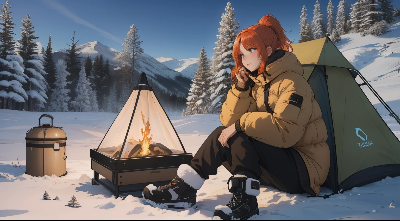 "A tranquil winter camping scene atop a snowy mountain, evoking a serene and adventurous mood. A young woman with blonde-red hair tied in a sleek ponytail is sitting near a modern campfire with a warm, flickering glow, surrounded by advanced yet nature-inspired camping gear. She wears a cozy, oversized cream-colored sweater paired with insulated black snow pants and sturdy winter boots, blending warmth and functionality. The tent, designed with contemporary technology, is partially open, revealing a snug interior with minimalistic yet stylish winter camping essentials. Snowflakes gently fall, blanketing the surrounding evergreen trees and creating a glistening, frosty landscape under the soft twilight sky. The atmosphere is both peaceful and magical, highlighting her connection with nature in the heart of winter."