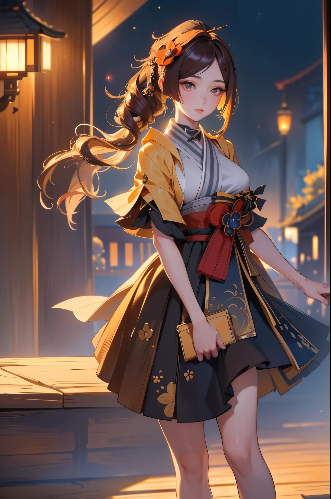 [chiori gi]:1.5,((masterpiece,highest quality,Highly detailed images,Beautiful images))1.4(chiori images、large breasts, japanese old houses、The wind is blowing、Overall dim lighting、Backlight、A fantastic atmosphere、Thick Fog、Dust flutters)1.3,(full body image)1.1、