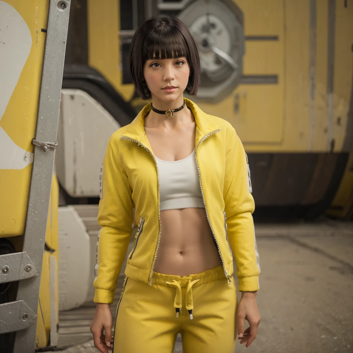 Kelly FF, 1girl, solo, breasts, short hair, bob cut, black hair, bangs, blunt bangs, looking at viewer, brown eyes, choker, jacket, yellow jacket, open jacket, open clothes, zipper, midriff, breasts, large breasts, sports bra, white sports bra, navel, cowboy shot, pants, yellow pants, sneakers, white footwear, realistic, choker