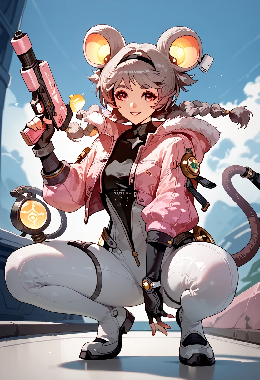 lumiwuwa, 1girl, solo, jacket, braid, gloves, twin braids, animal ears, fingerless gloves, bodysuit, tail, mouse tail, smile, mouse ears, pink jacket, grey hair smile, crouching sideways, holding gun