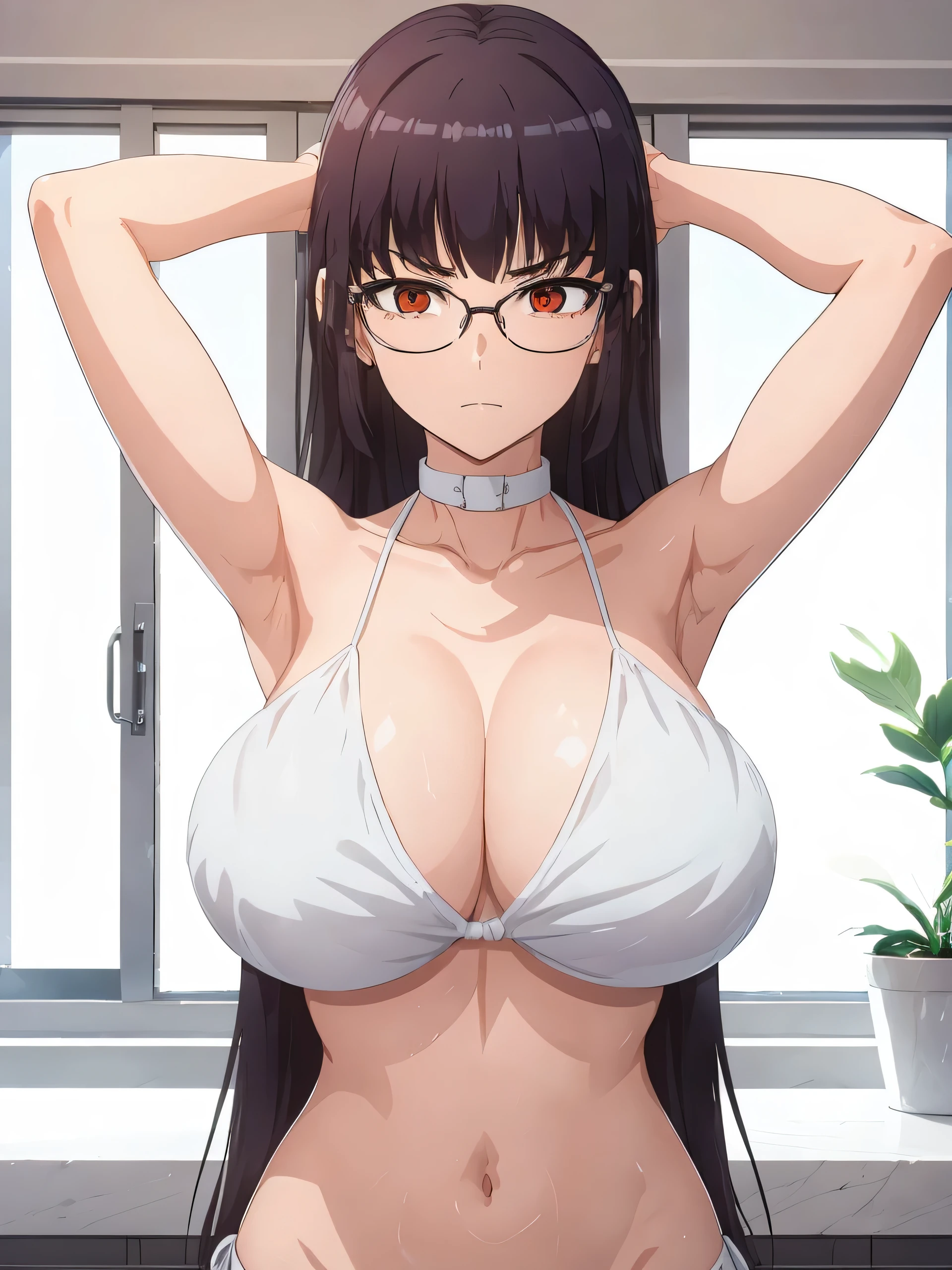 , black-framed eyewear, solo, bangs, open mouth, very long hair, straight hair, arms up, one eye closed, (masterpiece:1.6, best quality), (finely detailed beautiful eyes: 1.2), (masterpiece), (best quality), (shiny hair), (shiny skin), (shiny skin), solo, twin tail hair, large breast, big , boob curtain, under , ((upper body)), (white micro bikini), presenting armpit, bare shoulder, collar bone, (mole armpit), arm up, beach, selfie, cowboy shot, straightened, arms behind head, hands behind head, arms raised, hands in pockets, standing, ((detachable sleeves), (randoseru)), (side ), (white bikini)