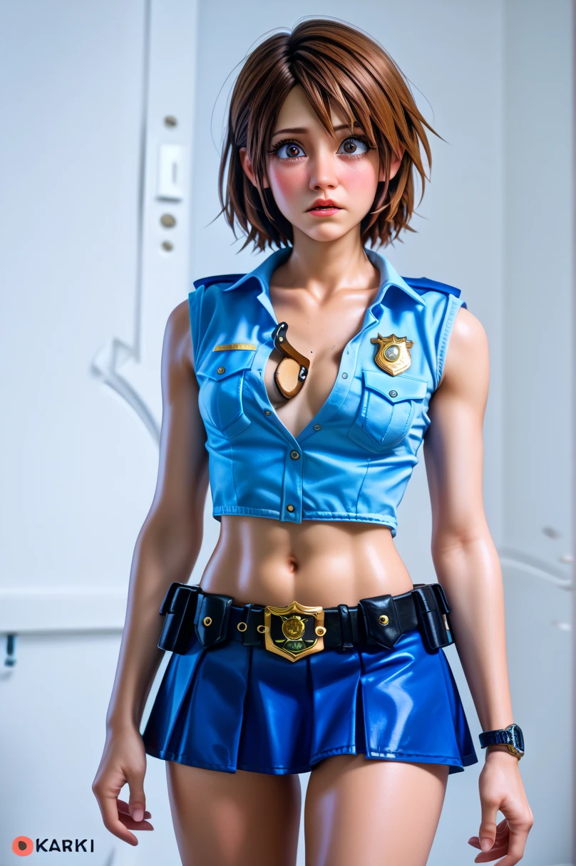  One girl ,  Kairi from Kingdom Hearts,( viewers:1.0),( slender body:1.2),(Blushed face:1.0),real skin ,small breasts,  shiny hair ,  Super Detailed Black Eyes,( Equipped Police Belt :1.5),( watch ),( shot from the front:1.2),24K,(Standing in a sexy pose:1.2),(Drunk:1.2),(Surprised:1.0),(mini length police skirt:1.2),(rolled up sleeveless police shirt ),Captivating thighs,( unmanned white background in the center of the screen:1.2),(Naturally :1.0),(( real:1.0)),(( realistic :1.0)),((Piece on chest :1.5)),(( cowboy shot:1.5))