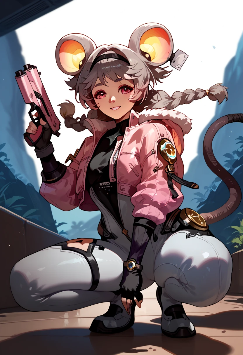 lumiwuwa, 1girl, solo, jacket, braid, gloves, twin braids, animal ears, fingerless gloves, bodysuit, tail, mouse tail, smile, mouse ears, pink jacket, grey hair smile, crouching sideways, holding gun