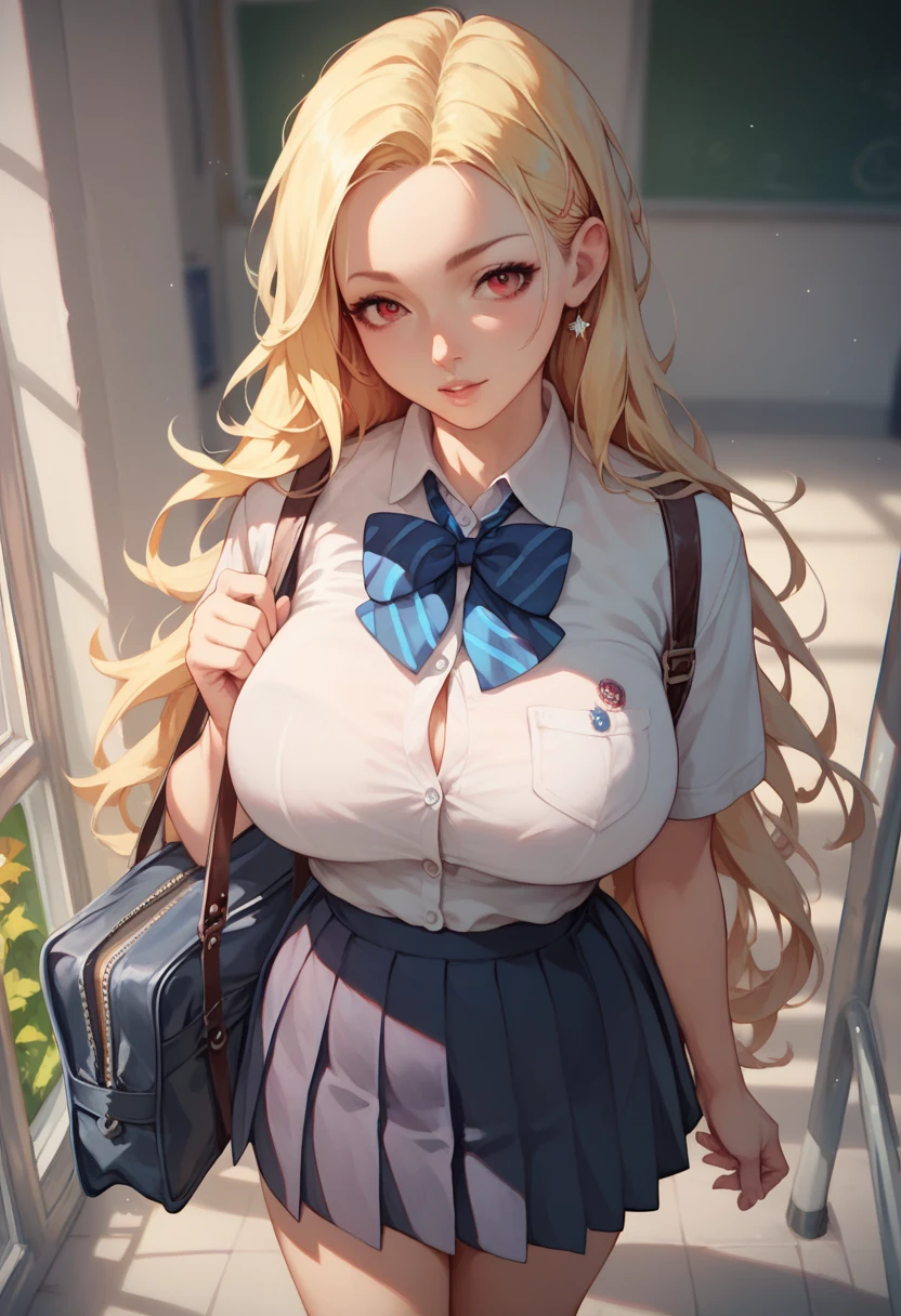 (masterpiece:1.2,  top quality ),( anime style ),  forehead visible,  with hidden ears , Blonde,  long hair,  red eyes,  Very Big Breasts ,  school uniform,  Female High School Student , bag