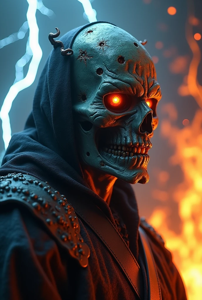 draw a skeleton wearing spiked armor, holding an axe with blood, fighting zombies in a dark environment