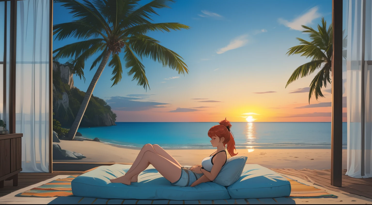 "A dreamy beach camping scene inspired by the serene aesthetics of Kirin Camp. The setting features soft, white sand stretching along a vibrant blue ocean, with gentle waves rolling onto the shore. A young woman with blonde-red hair tied in a sleek ponytail sits relaxed near a modern campfire that glows warmly as the sea breeze sweeps through. She wears a simple white tank top and denim shorts, embodying effortless beachside comfort. Surrounding her are neatly arranged minimalist camping gear and a stylish open tent designed to frame the picturesque view. Tall palm trees sway gently in the background, while the golden sunlight dances across the water’s surface, creating a tranquil yet energizing ambiance. The scene captures the joy of peaceful solitude, blending nature's beauty with the art of camping on a pristine beach."






