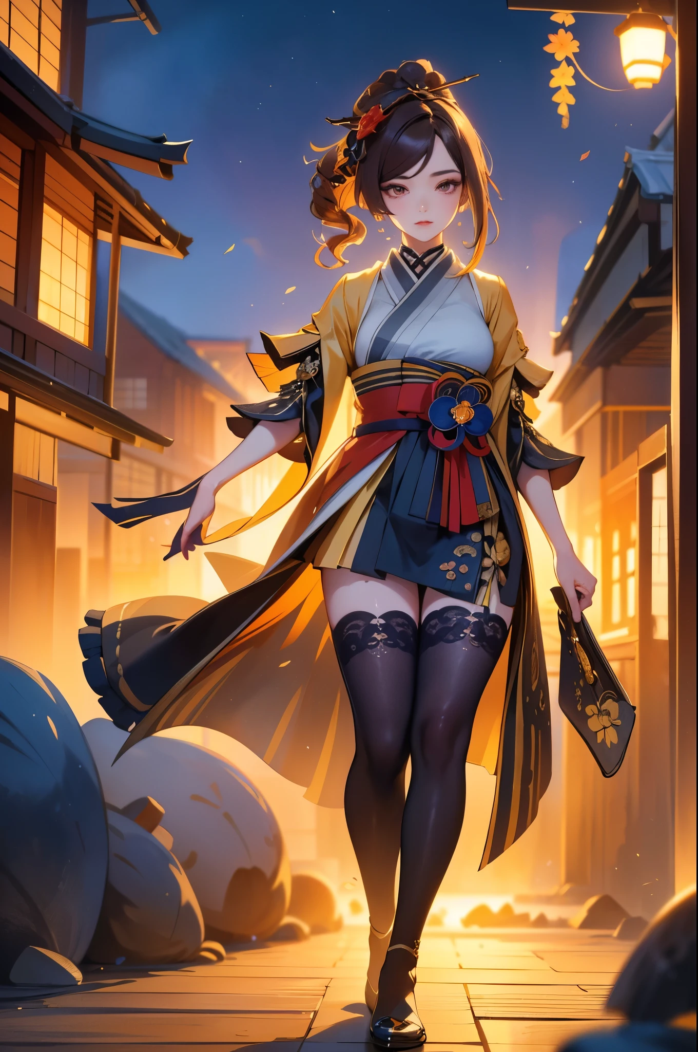 [chiori gi]:1.5,((masterpiece,highest quality,Highly detailed images,Beautiful images))1.4(chiori images、large breasts, japanese old houses、The wind is blowing、Overall dim lighting、Backlight、A fantastic atmosphere、Thick Fog、Dust flutters)1.3,(full body image)1.1、