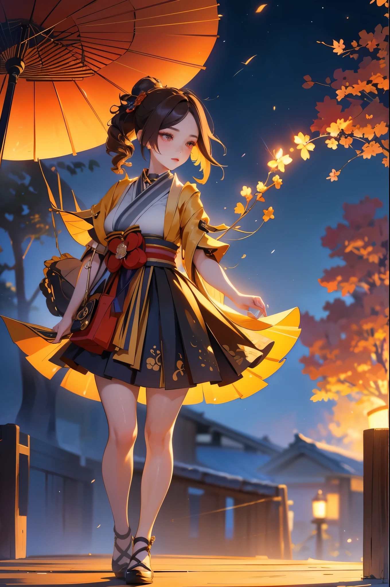 [chiori gi]:1.5,((masterpiece,highest quality,Highly detailed images,Beautiful images))1.4(chiori images、large breasts, japanese old houses、The wind is blowing、Overall dim lighting、Backlight、A fantastic atmosphere、Thick Fog、Dust flutters)1.3,(full body image)1.1、