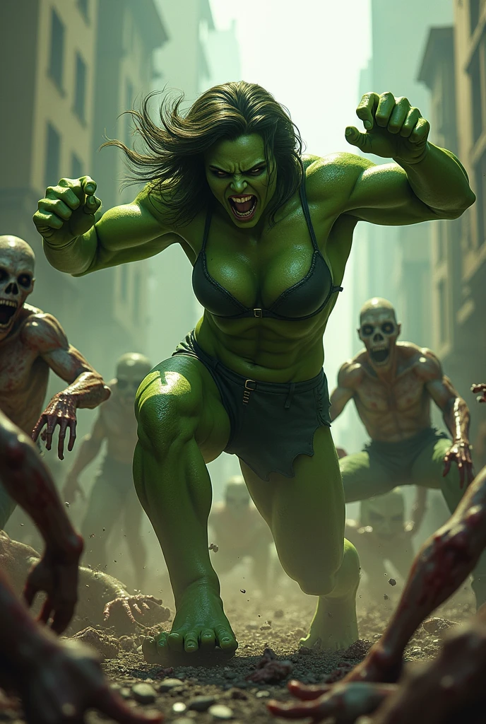 A powerful scene where Hulk is fighting to protect his girlfriend from terrifying enemies. Hulk's face shows intense anger and determination as he shields his girlfriend and strikes at the enemies. The environment is dark and ominous, adding to the intensity of the scene. His girlfriend stands safely behind him, relying on Hulk's bravery and strength." And Hulk faght to creatures