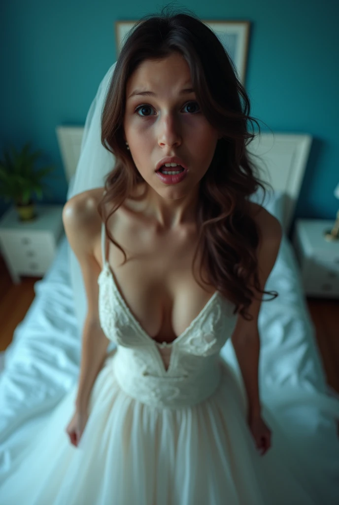 Woman on her lap, (((above))), crying, Wedding Dress, brunette, (((I look at the viewer))), blush makeup, correspond, athletic body, cum on face, slightly disheveled hair