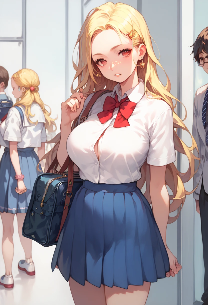 (masterpiece:1.2,  top quality ),( anime style ),  forehead visible,  with hidden ears , Blonde,  long hair,  red eyes,  Very Big Breasts ,  school uniform,  Female High School Student , bag