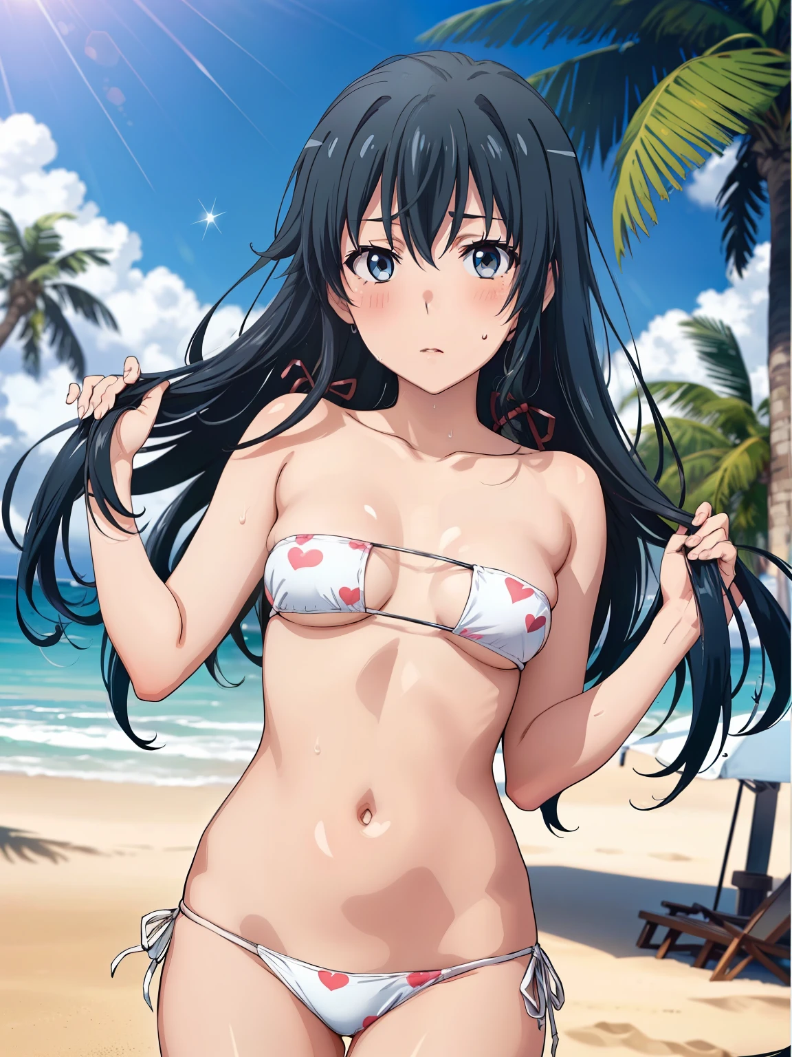 (( top quality ,  high res,   Perfect Pixel,  4K)),  (Beautiful anime),  depth of field 、
 Watching Viewers , 
 perfect body, 

 yukinoshita yukino ,  small tits、 long hair、


white bikini,  pink heart print 、 Side Tie Bikini Bottom、
Groin、

(blush、sweat)、

 viewers, 

 Beach 、 palm trees、wind、
summer、sunlight、