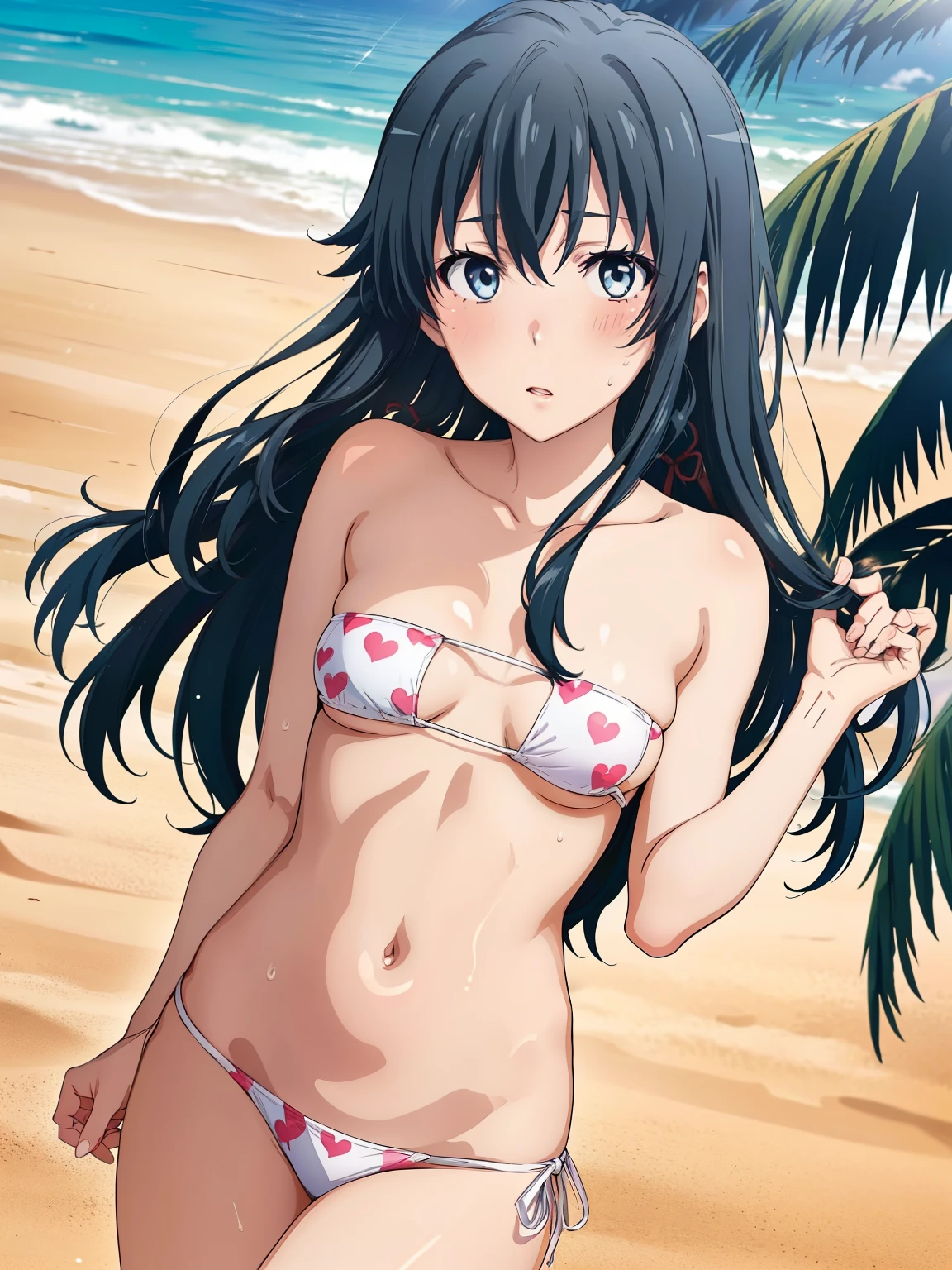 (( top quality ,  high res,   Perfect Pixel,  4K)),  (Beautiful anime),  depth of field 、
 Watching Viewers , 
 perfect body, 

 yukinoshita yukino ,  small tits、 long hair、


white bikini,  pink heart print 、 Side Tie Bikini Bottom、
Groin、

(blush、sweat)、

 viewers, 

 Beach 、 palm trees、wind、
summer、sunlight、