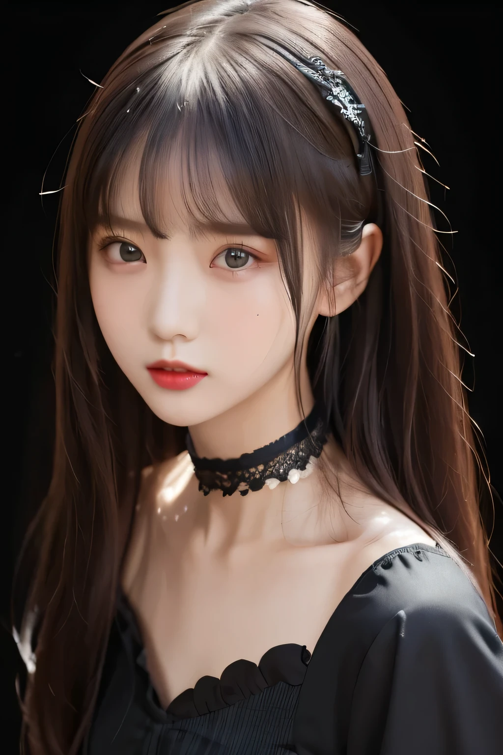 (masterpiece、 top quality 、 Super detailed description、 super high res)、 girl、solo、 slim、 slender 、cute、 idol face、 face shot close-up、、Jet black background、(devil:1.3)、 low contrast 、Black clothes、 black choker