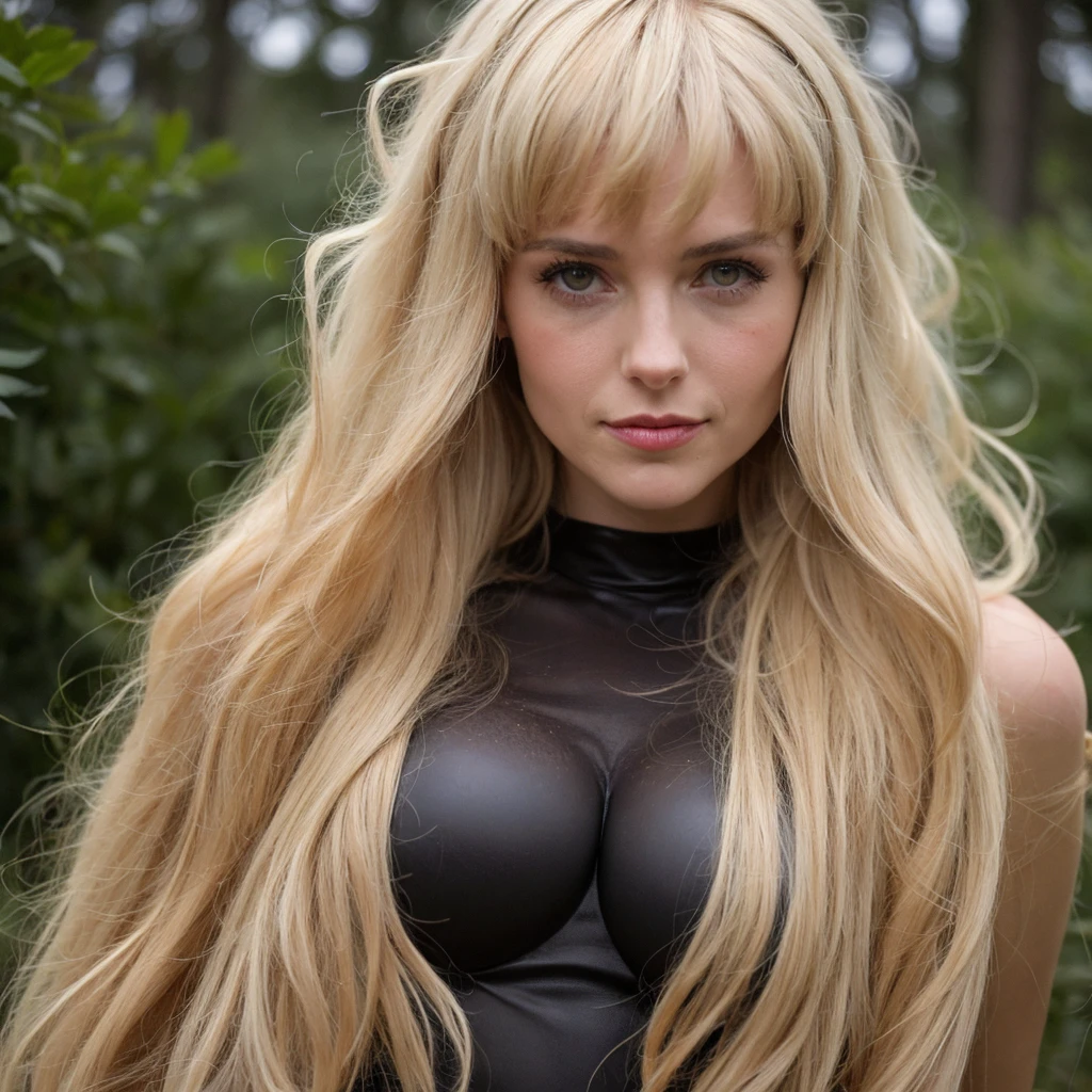 blonde Dans une forêt sombre, dans une clairière, le corps entier d'une femme de 23 ans, nue, blanche, rousse, frisée et à la peau mouillée. Avec de gros seins et des mamelons pâles, elle est allongée sur le sol, les cuisses largement écartées, s'appuyant sur ses coudes et étirant sa vulve nue et humide vers le spectateur. Elle met ses doigts dans son vagin. Un écureuil joue avec ses cheveux. Un loup se couche entre ses cuisses et lui lèche le vagin. Elle regarde le spectateur avec un sourire timide. Post-apocalyptique avec des accessoires Cléopâtre et une apparence vieillie, il crée une aura de survie et de résilience. Beaucoup de chaînes rouillées et de boue sur le corps et le ventre. Il pleut du tonnerre et des éclairs. Photographie HDR.